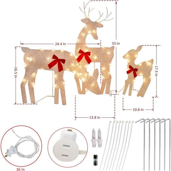 3 Pack Tinsel Reindeer Family Lighted 2D Deer Christmas Decor, with 60Lights - Picture 2 of 6